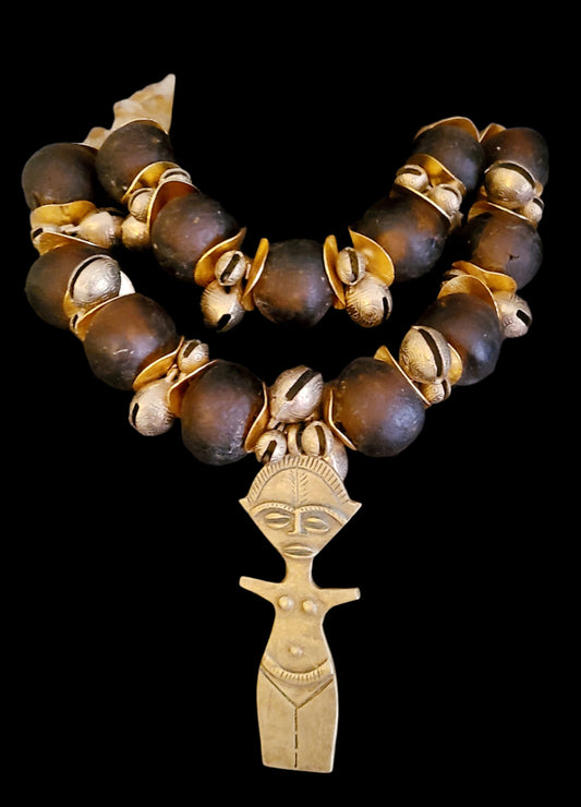 African Tibetan Glass & Metal Huge Beaded Ethnic Necklace - Fertility