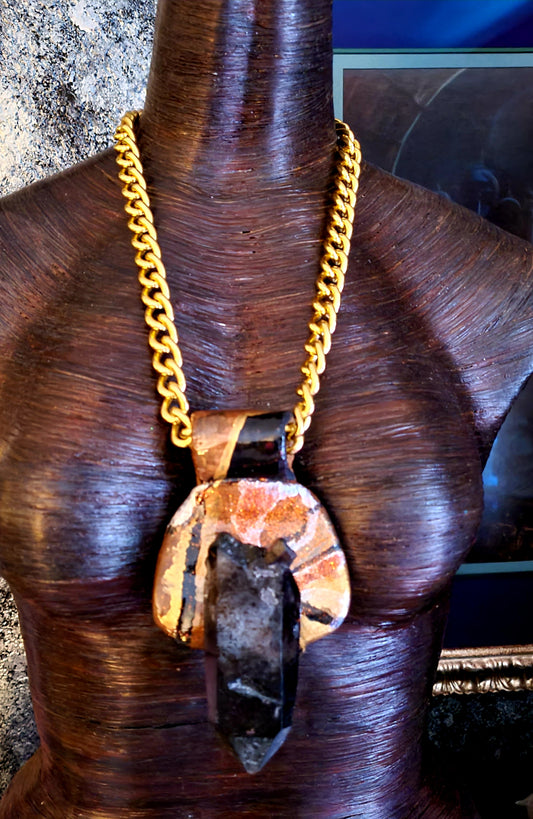 OOAK Smoky Quartz Sculpted Unisex Amulet with Bold Gold Tone Chain