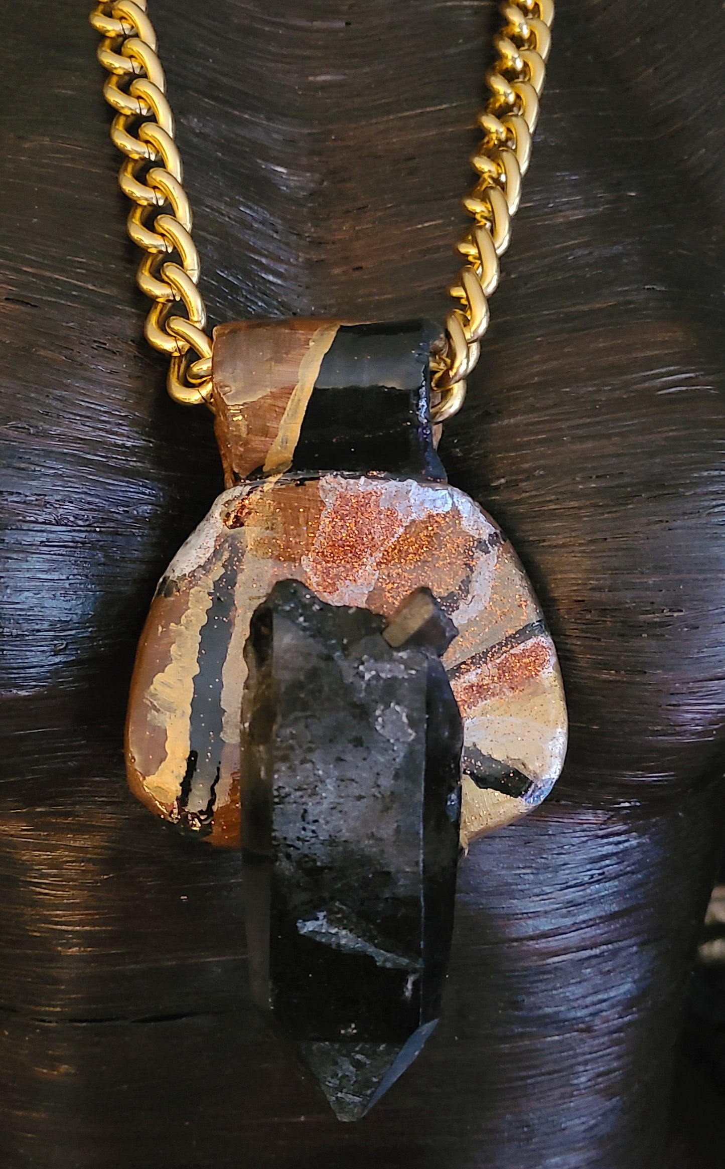 OOAK Smoky Quartz Sculpted Unisex Amulet with Bold Gold Tone Chain