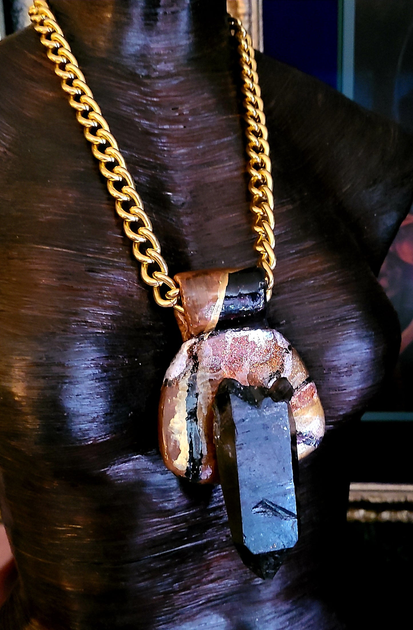 Talisman Smoky Quartz Gemmy Sculpted Setting, Amulet Autumn Colors