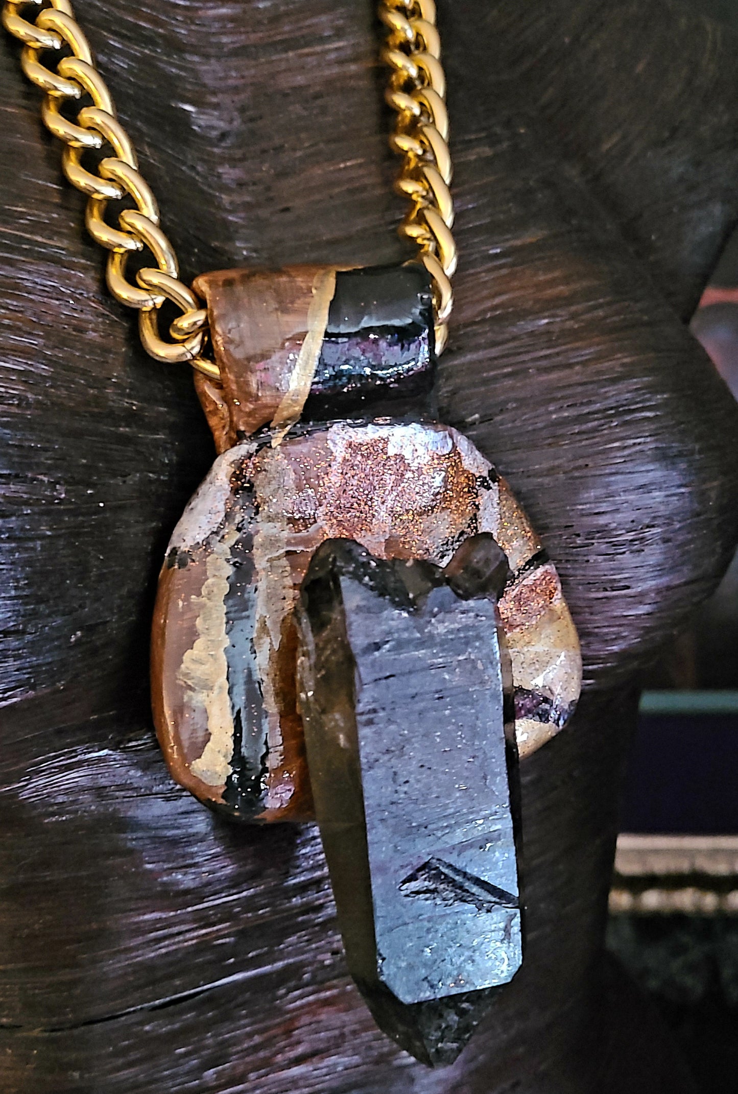 Talisman Smoky Quartz Gemmy Sculpted Setting, Amulet Autumn Colors