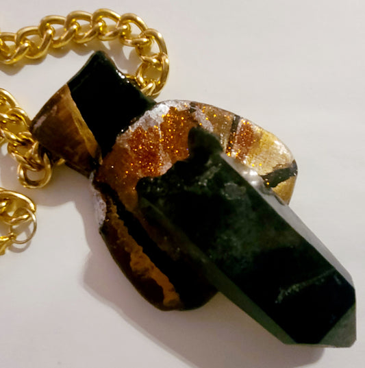 OOAK Smoky Quartz Sculpted Unisex Amulet with Bold Gold Tone Chain