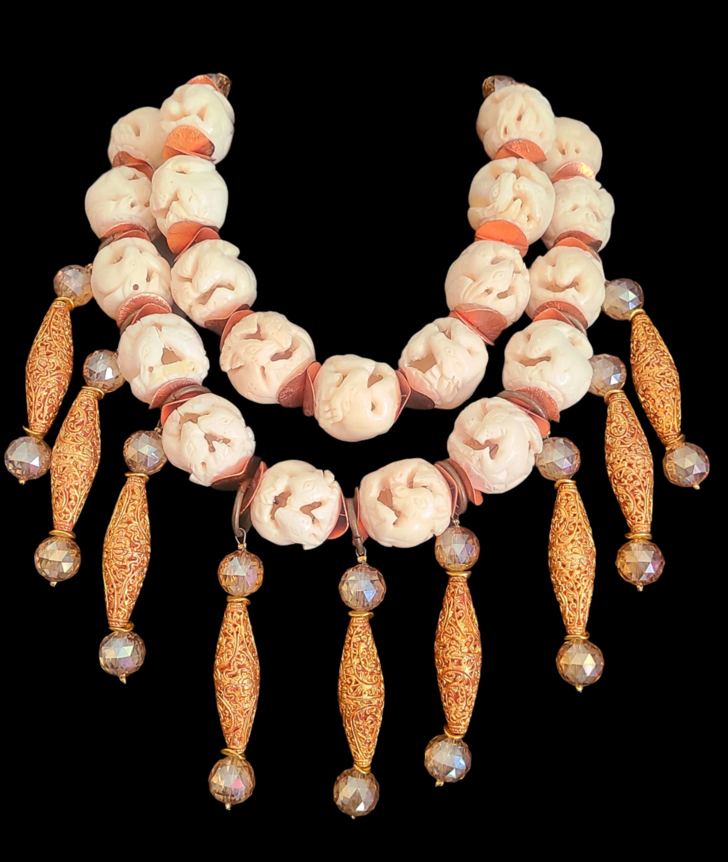 Hand Carved Goat Motif Bone Beaded Multi Strand Luxury Necklace Crea