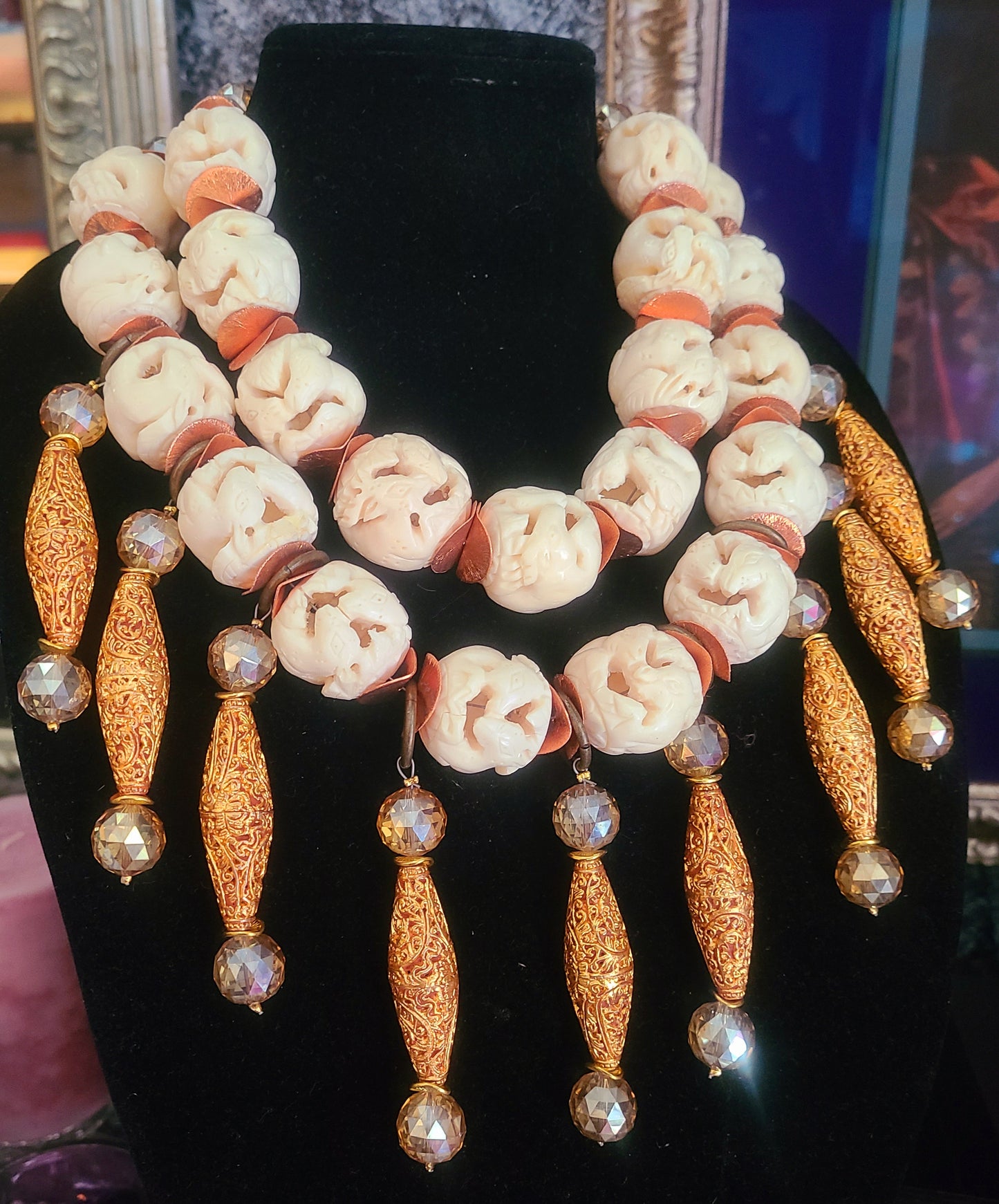 Hand Carved Goat Motif Bone Beaded Multi Strand Luxury Necklace Crea