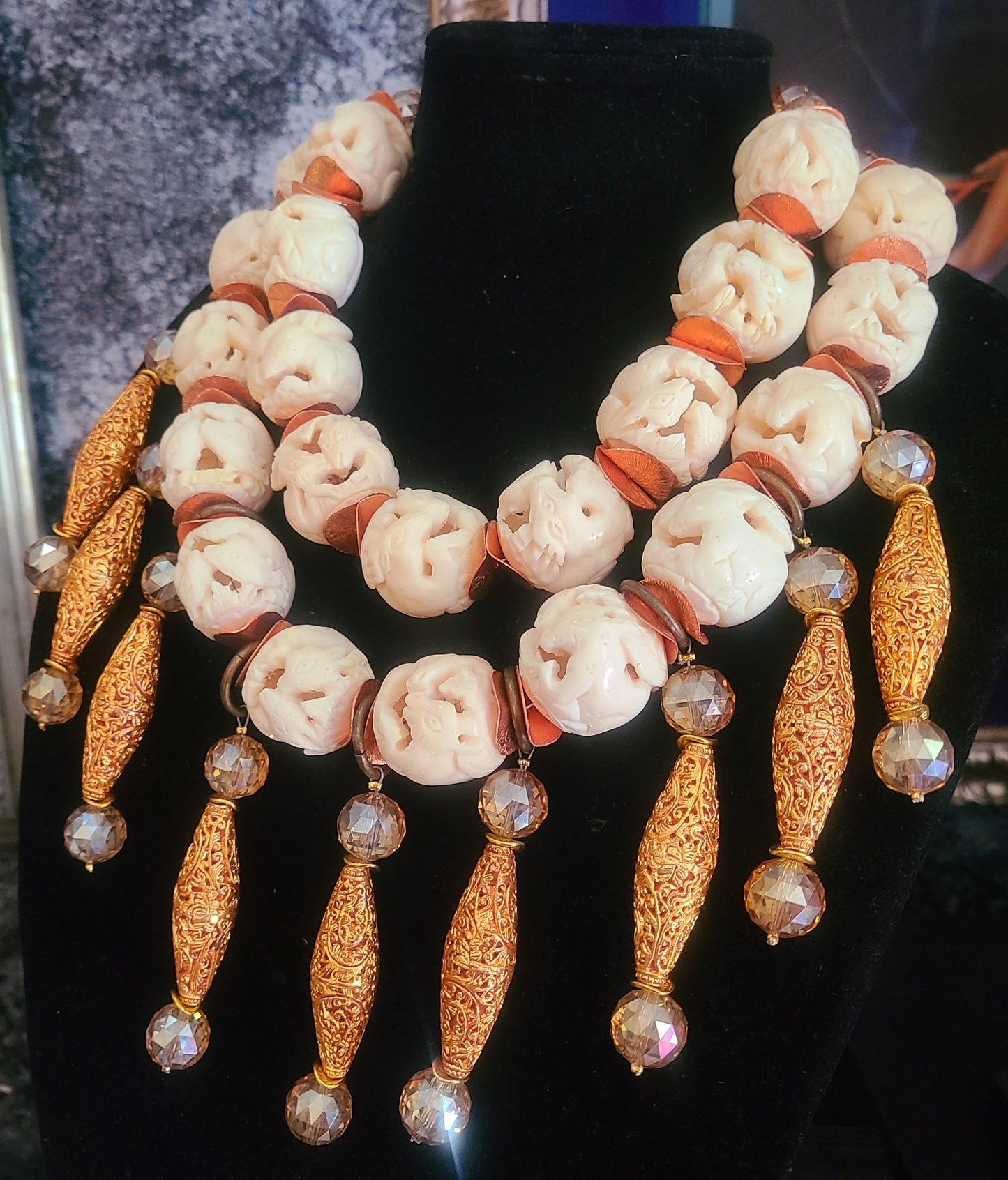 Hand Carved Goat Motif Bone Beaded Multi Strand Luxury Necklace Crea