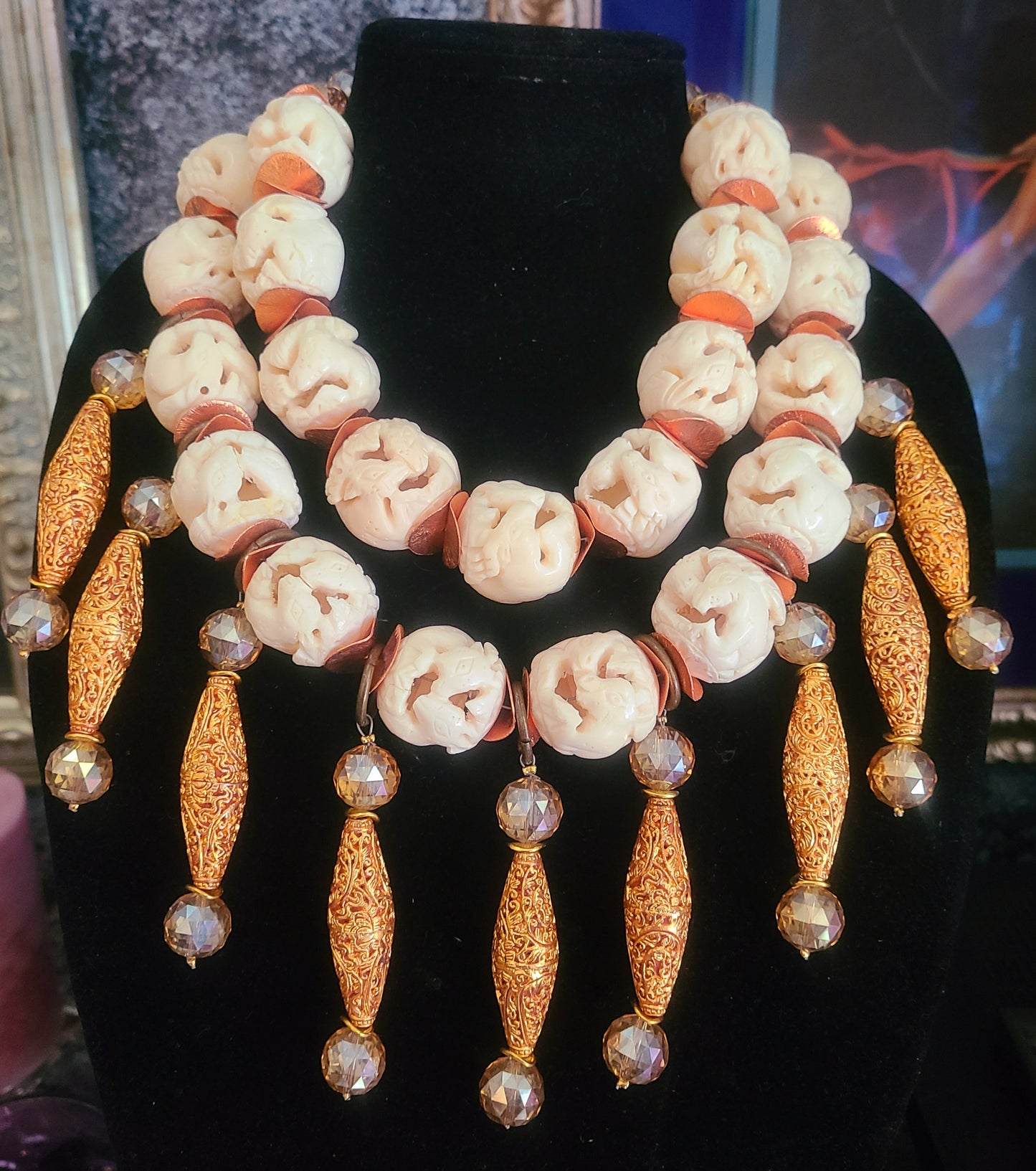Hand Carved Bone Goat Motif Beaded Multi Strand Luxury Necklace