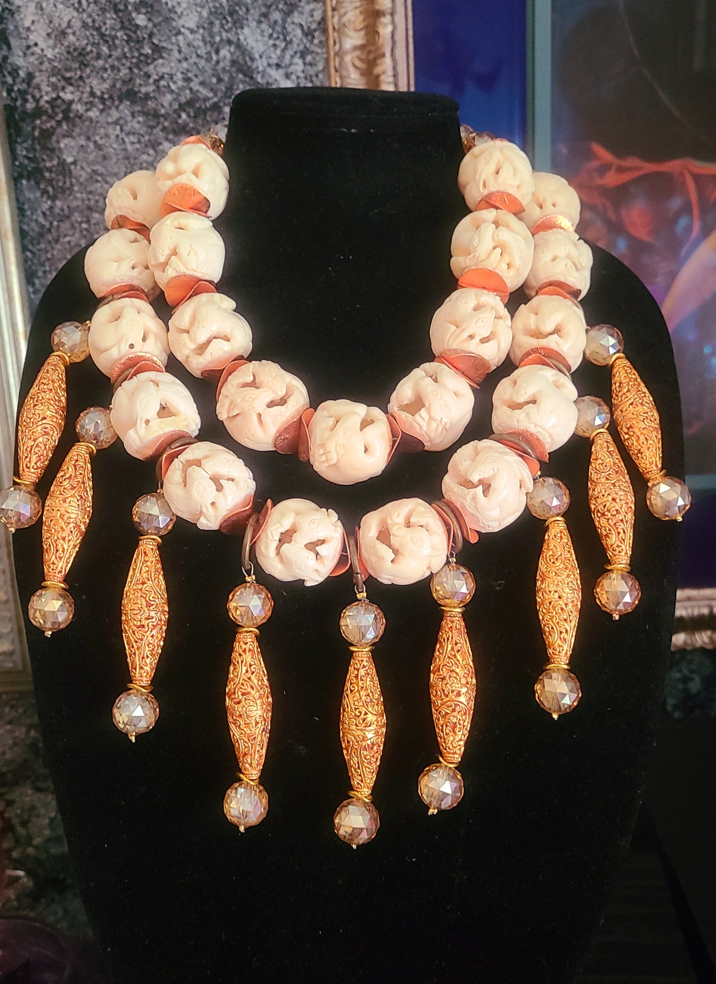 Hand Carved Goat Motif Bone Beaded Multi Strand Luxury Necklace Crea
