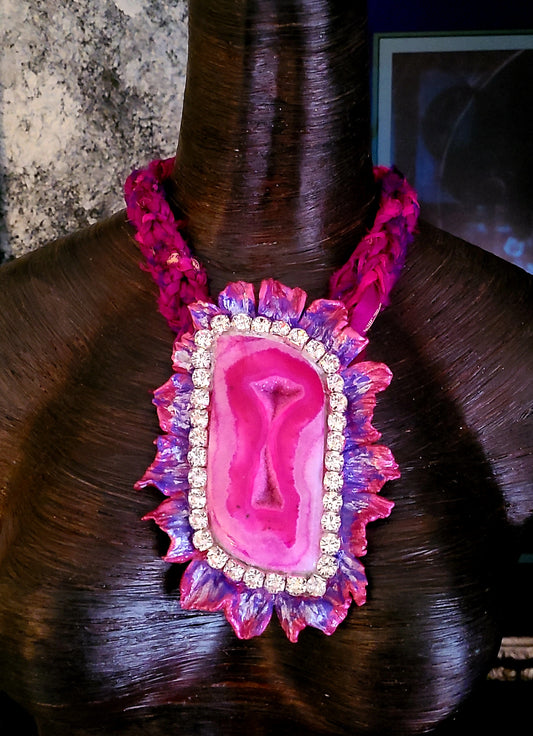 Hot Pink Druzy Agate Sculpted Rhinestone Pendant With Sari Silk Necklace