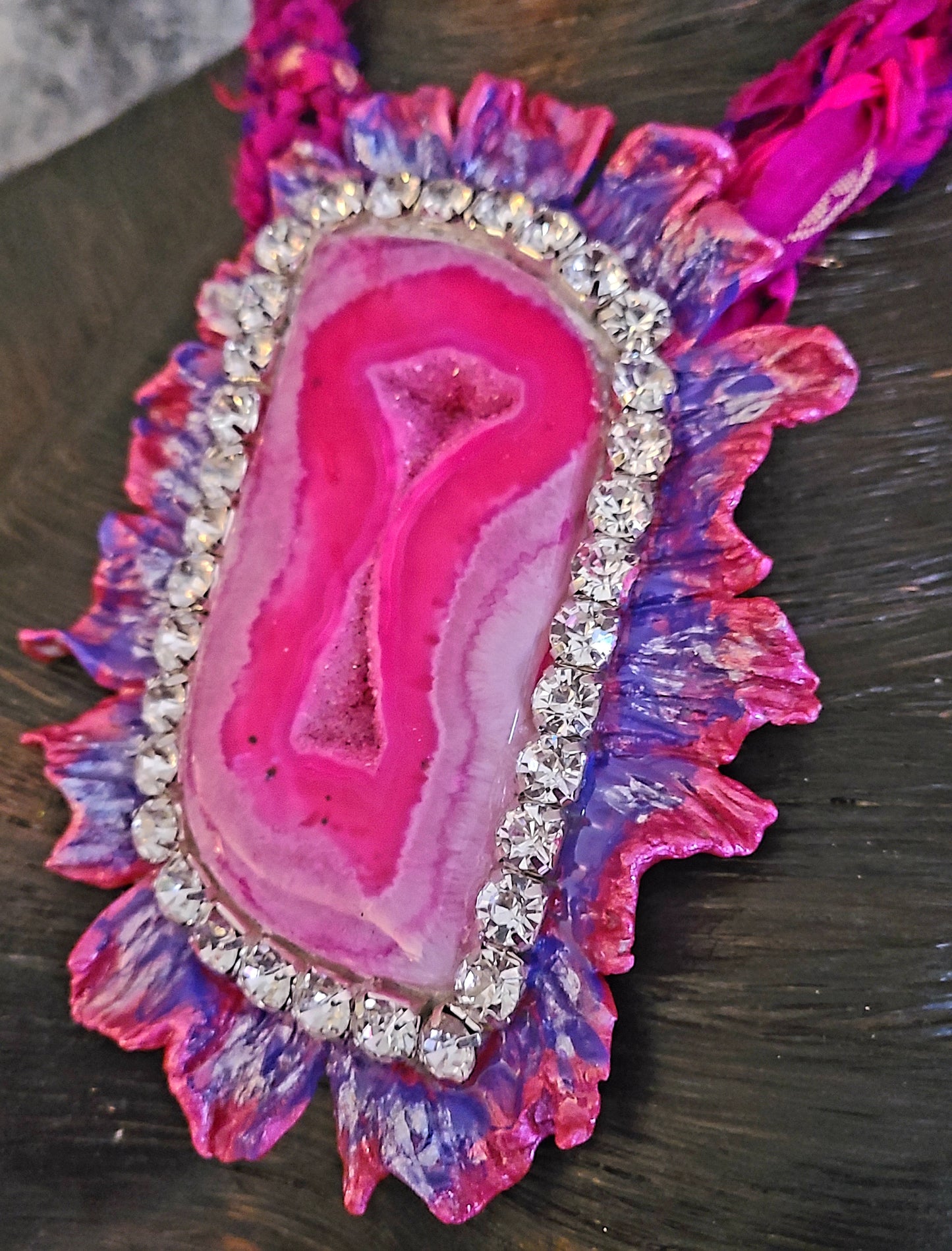 Hot Pink Druzy Agate Sculpted Rhinestone Pendant With Sari Silk Necklace