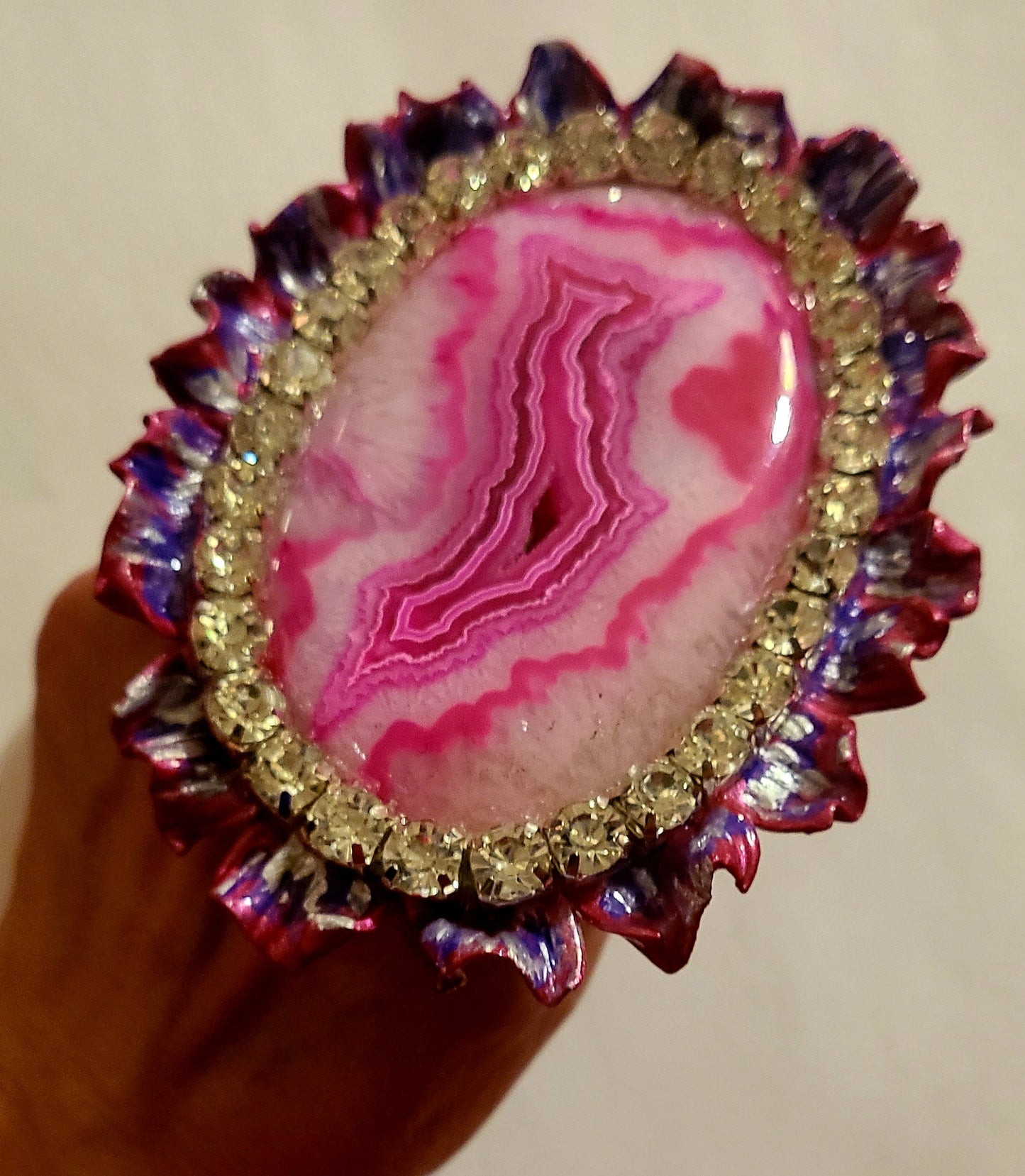 Huge Hand Sculpted Hot Pink Druzy Agate Adjustable Statement Ring