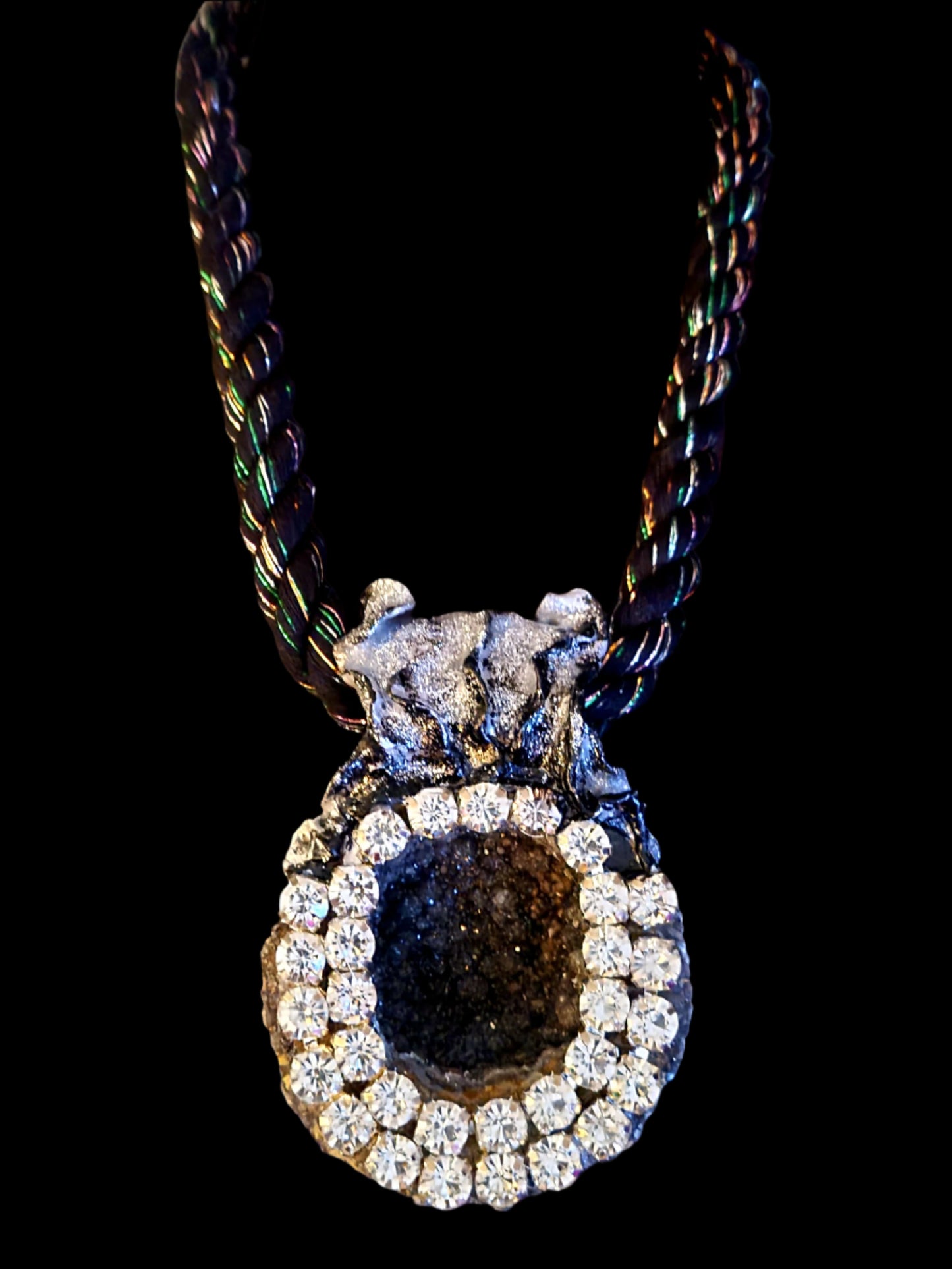 Rhinestone Bejeweled Sculpted Geode Pendant With Cotten Rope - Unisex