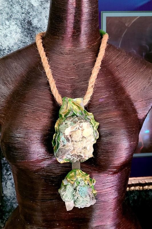 Green Apophyllite Crystal Double Stone Pendant - Jute Rope