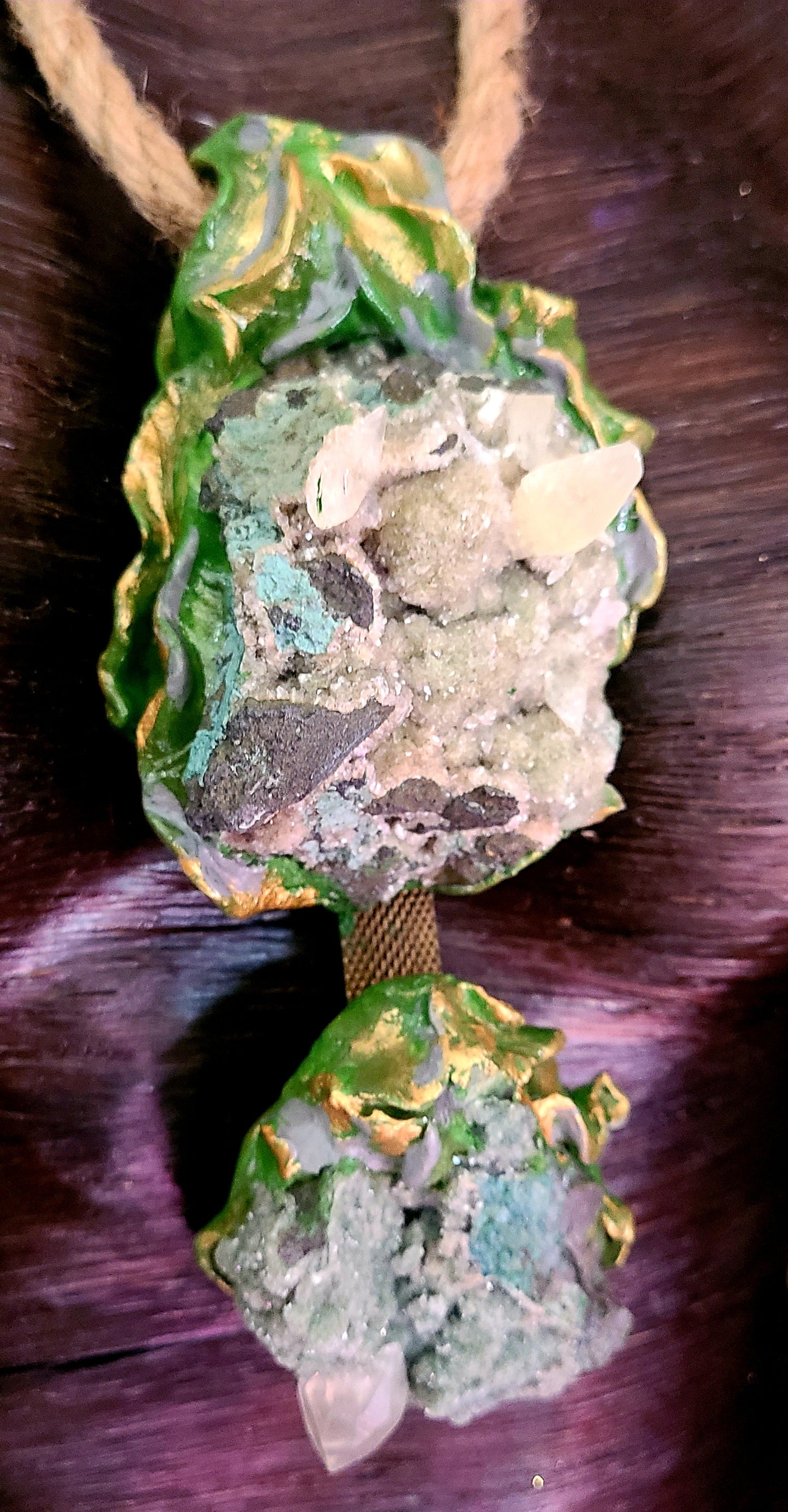 Green Apophyllite Crystal Double Stone Pendant - Jute Rope