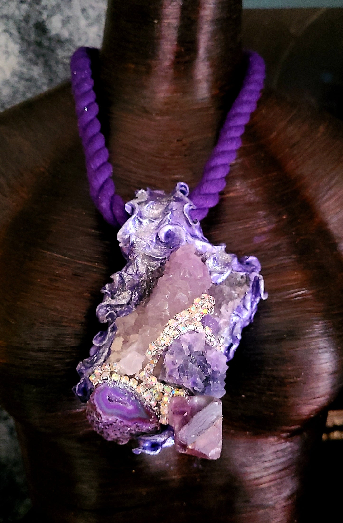 Mixed Purple Gemstone Sculpted Rope Gemstone Pendant Rough Crystal U