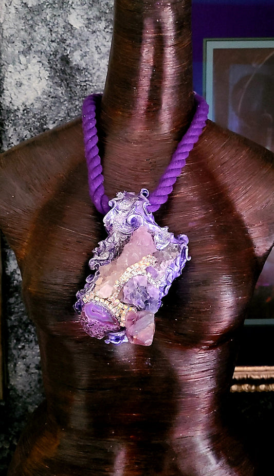 Amethyst Fluorite & Geode Sculpted Rope Pendant - Purple