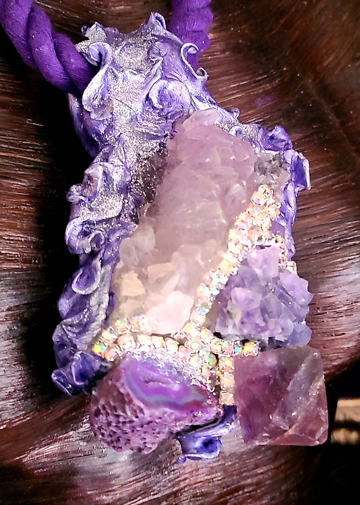 Mixed Purple Gemstone Sculpted Rope Gemstone Pendant Rough Crystal U