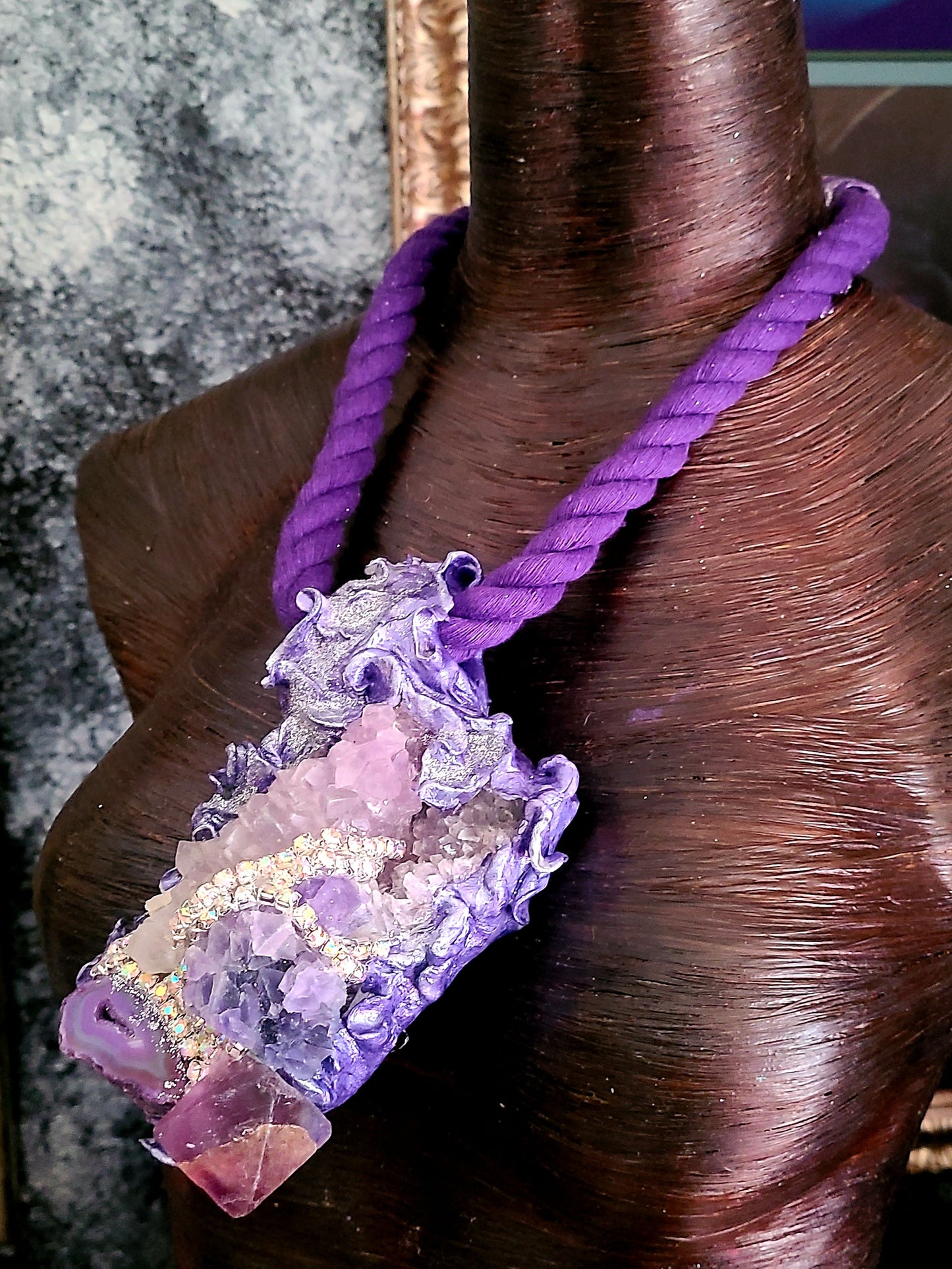 Mixed Purple Gemstone Sculpted Rope Gemstone Pendant Rough Crystal U