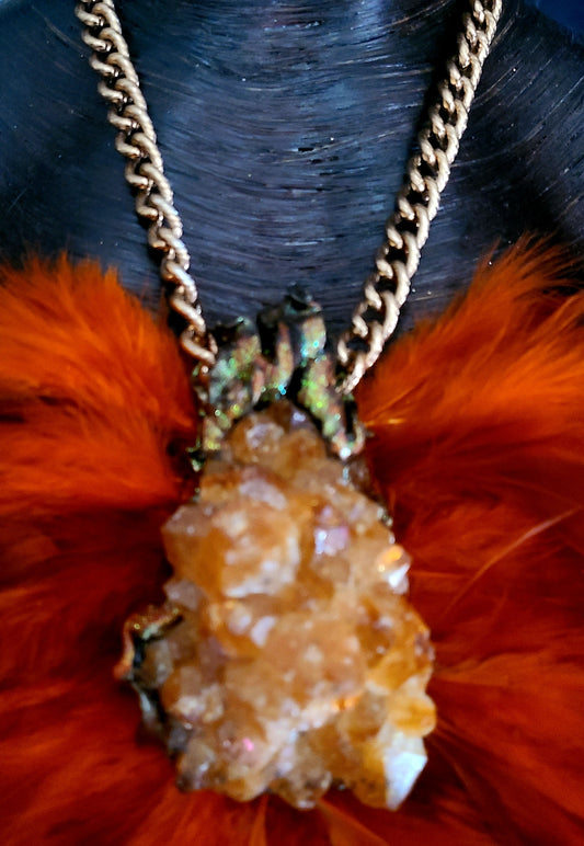 Rough Gemmy Citrine Orange Feather Chest Piece, Bold Theatrical Gem