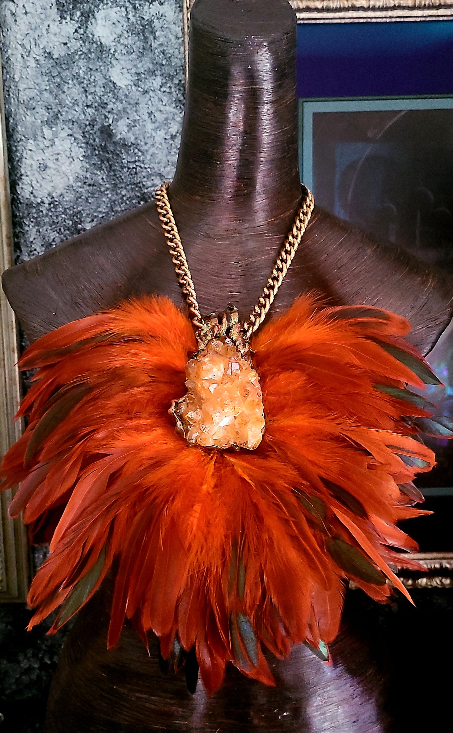 Rough Gemmy Citrine Orange Feather Chest Piece, Bold Theatrical Gem
