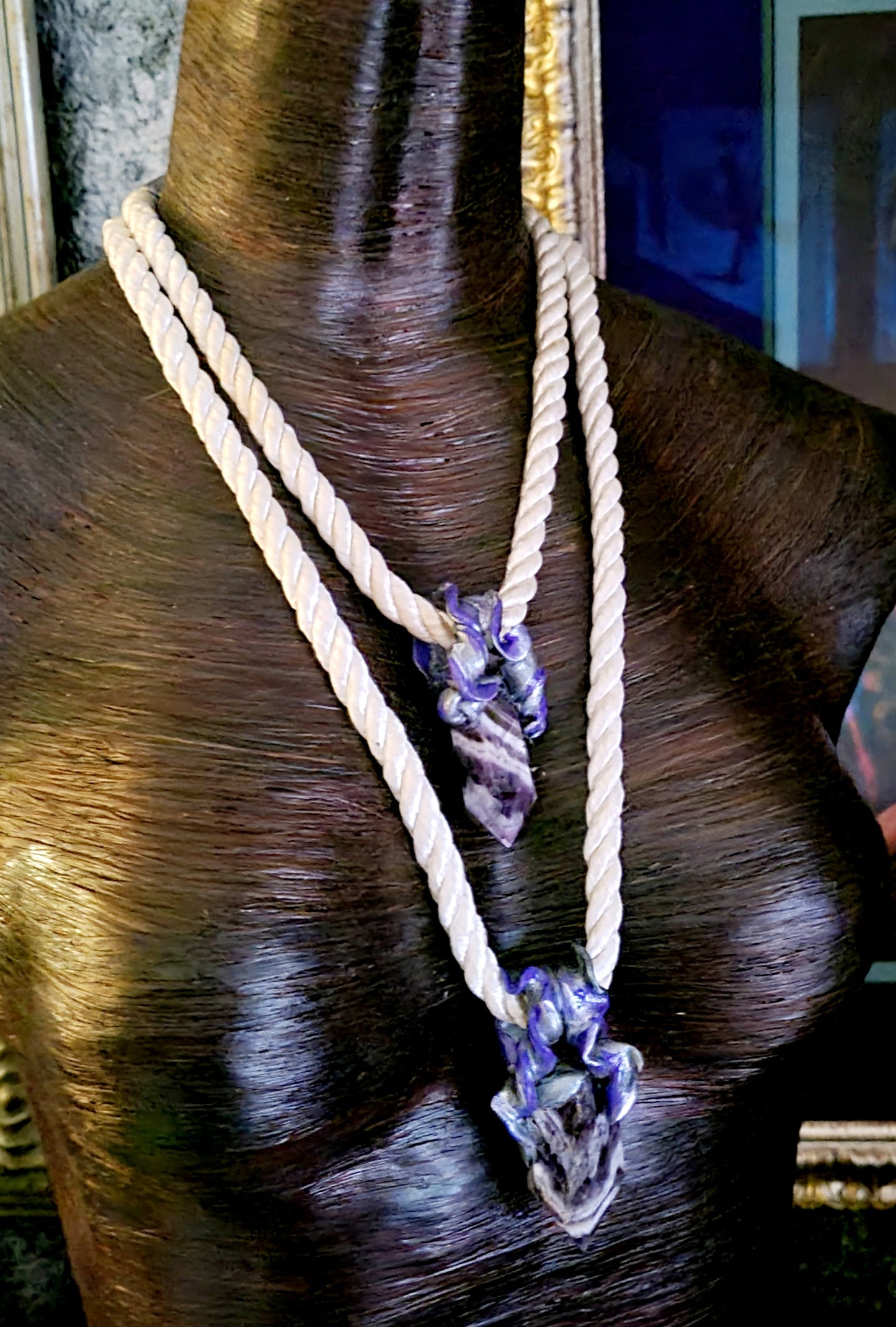 Chevron Amethyst Sculpted Point Silk Rope Amulet, Sculpted Gemstone