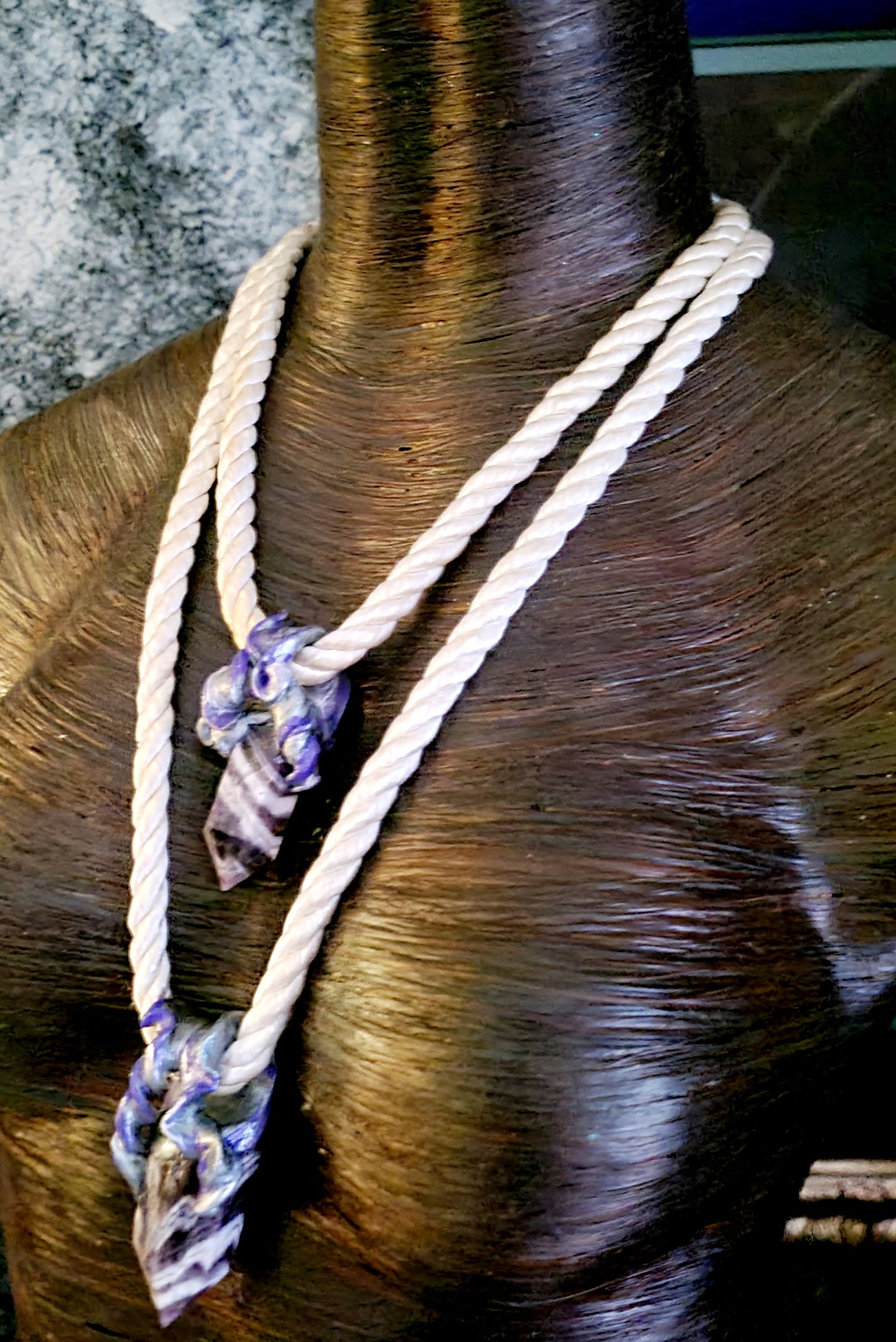Chevron Amethyst Sculpted Point Silk Rope Amulet, Sculpted Gemstone