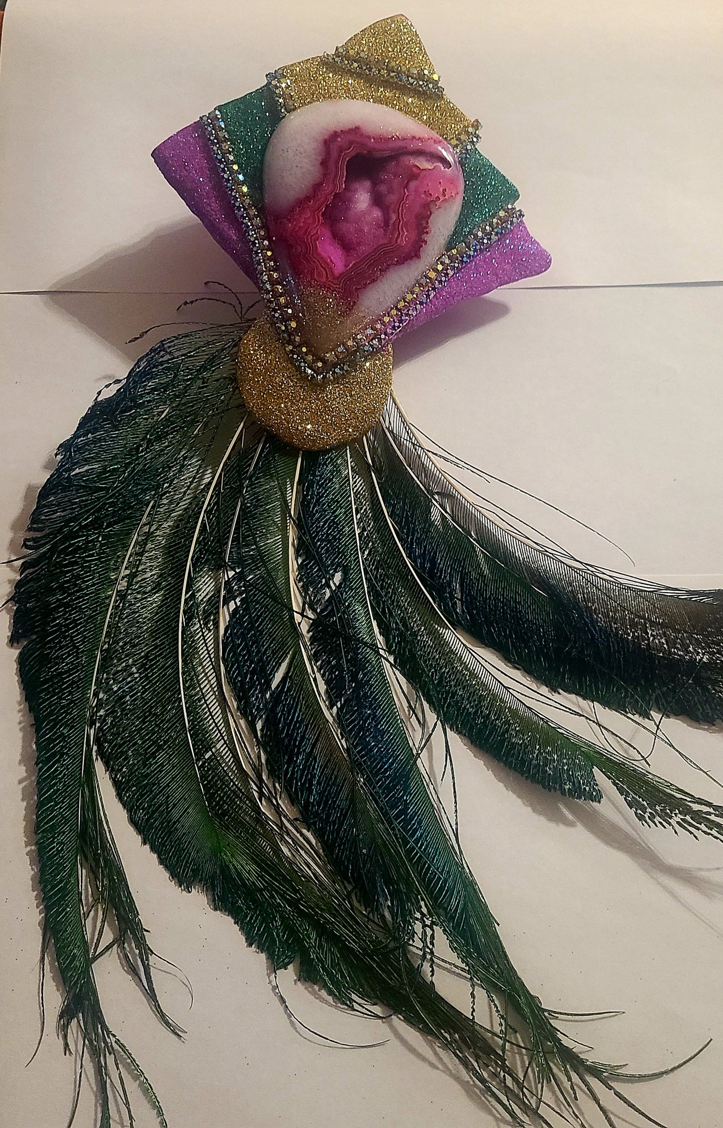 Extravagant Art Deco Sculpted Agate & Peacock Feather Ring Over T