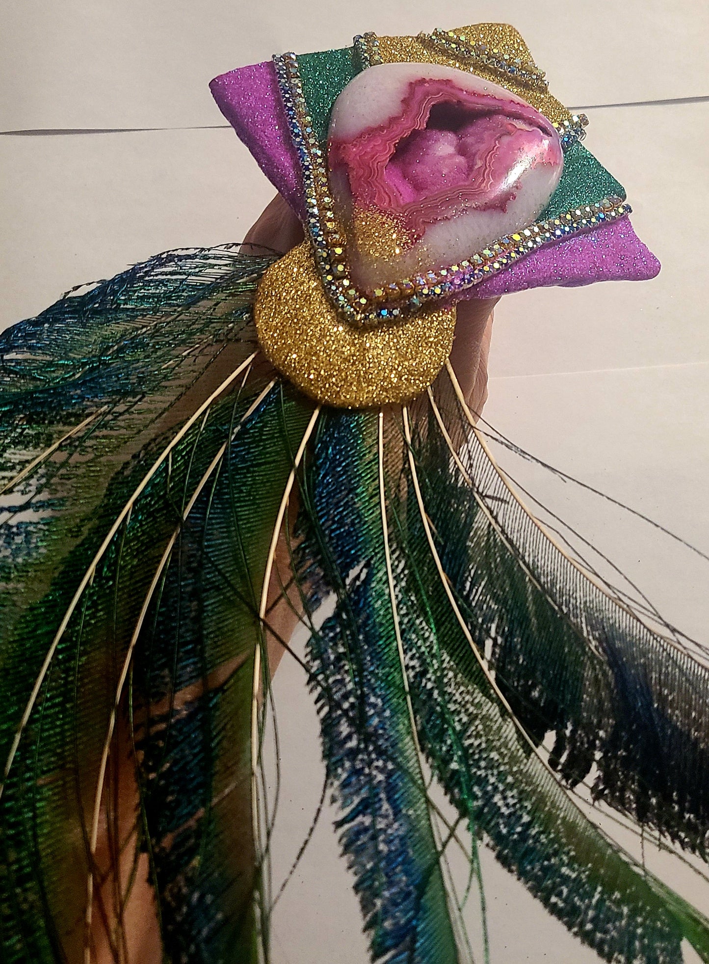 Art Deco Sculpted Agate & Peacock Feather Adjustable Ring - Photoshoot