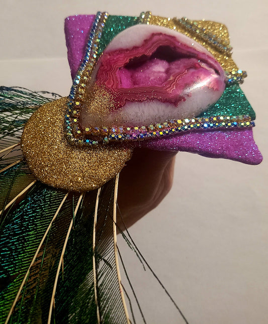 Art Deco Sculpted Agate & Peacock Feather Adjustable Ring - Photoshoot