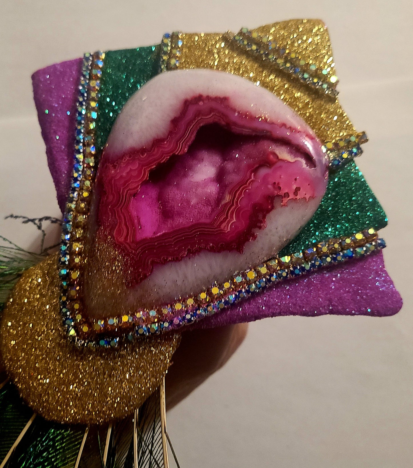 Extravagant Art Deco Sculpted Agate & Peacock Feather Ring Over T