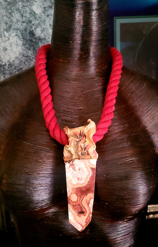 Crazy Lace Druzy Agate Red Rope Pendant - Boho Couture