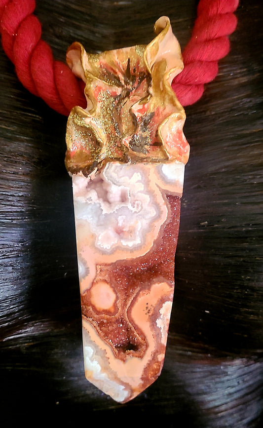 Crazy Lace Druzy Agate Red Rope Pendant - Boho Couture