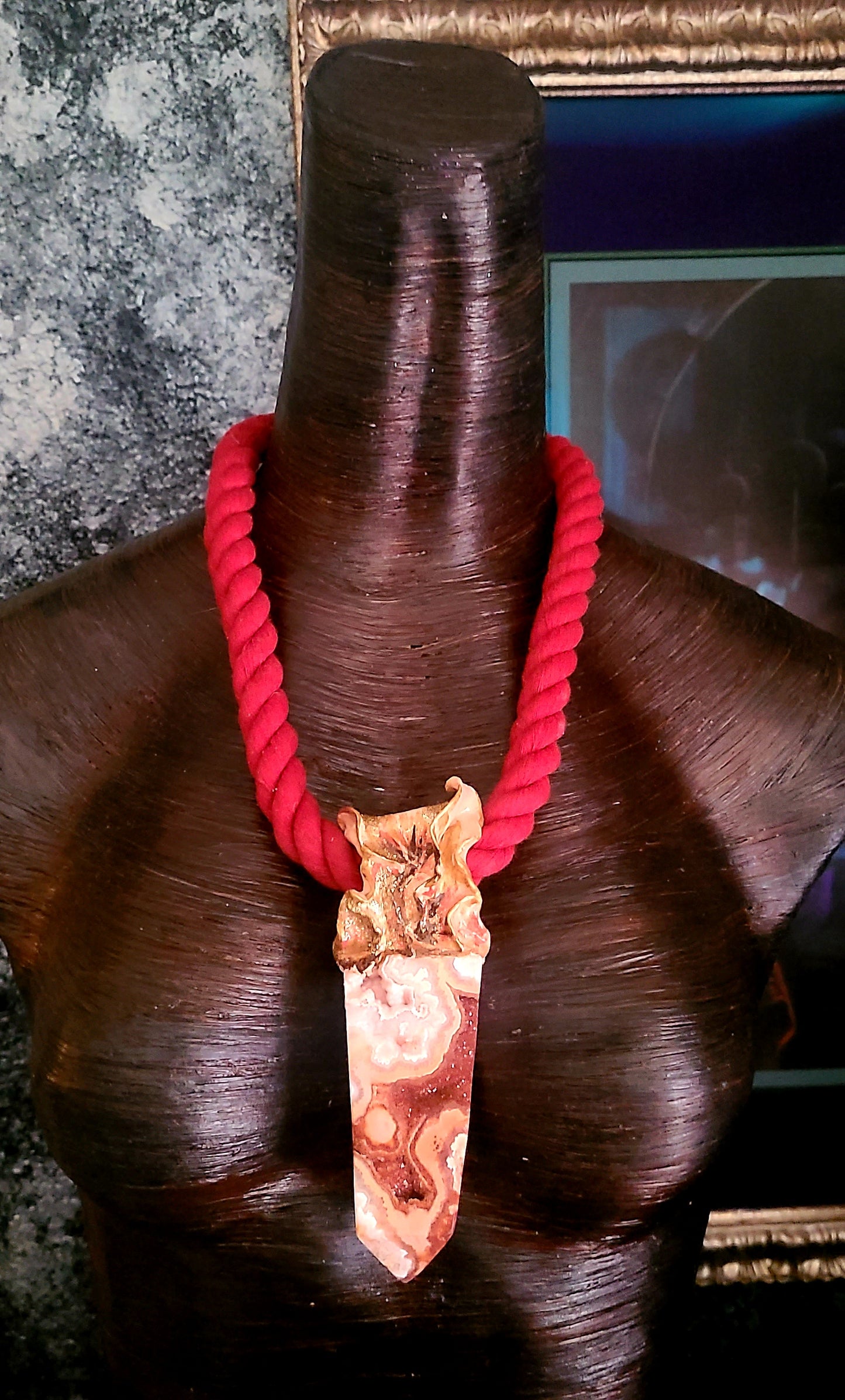 Crazy Lace Druzy Agate Red Rope Pendant - Boho Couture