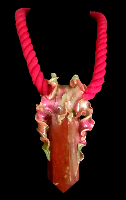 Ocean Jasper Sculpted Obelisk Pendant With Red Rope