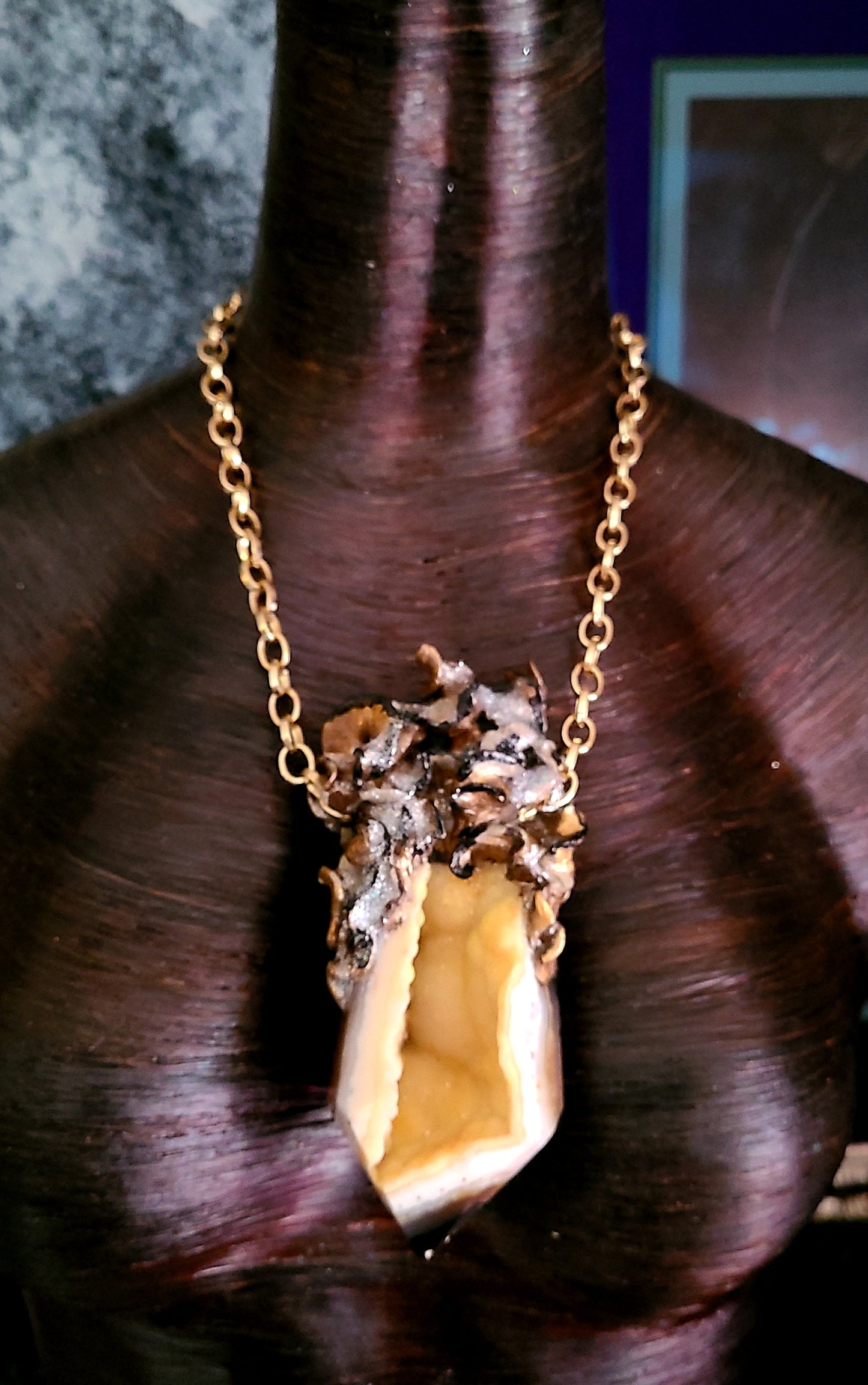 High End Druzy Agate Tower Sculpted Statement Gemstone Pendant, Yellow