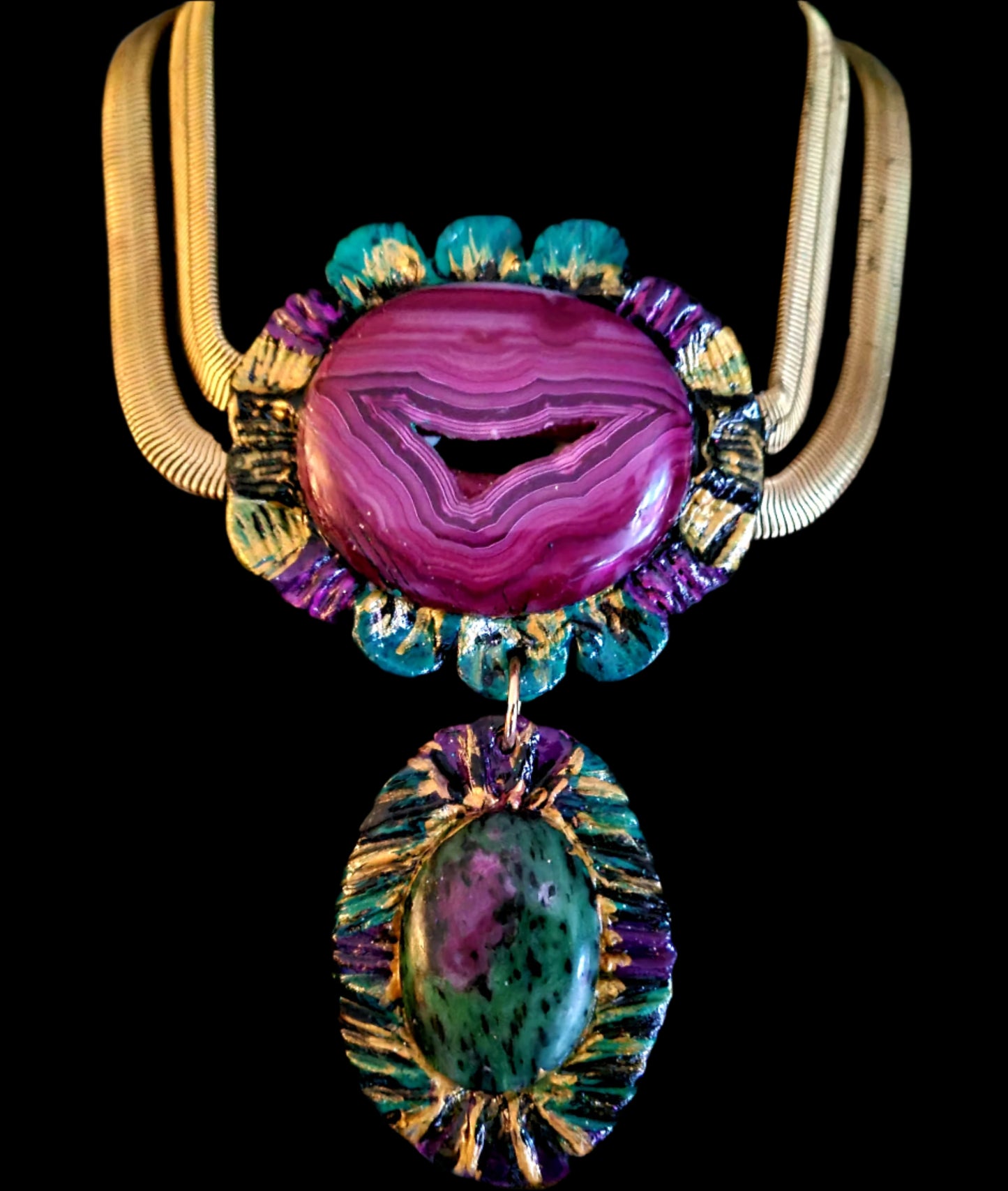 Hand Sculpted Double Gemstone Cabochon Pendant with Vintage Omega Chains