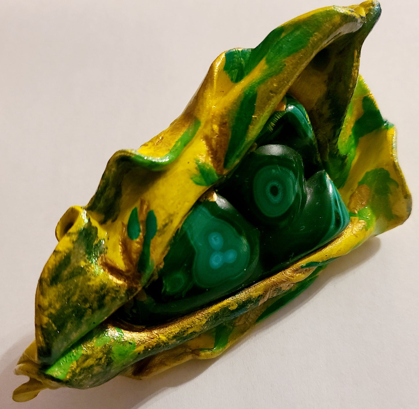 Hand Sculpted Yoni Ring with Polished Malachite Stone, Green Yellow