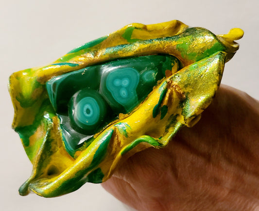 Hand Sculpted Yoni Ring with Polished Malachite Stone, Green Yellow