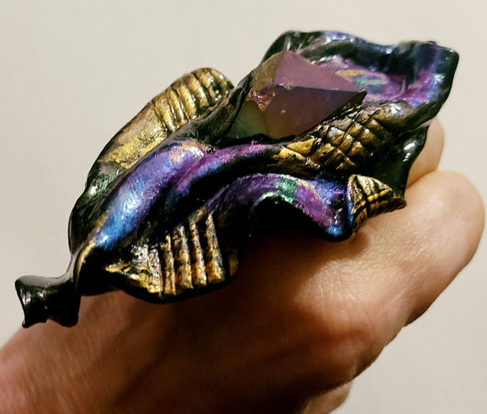 Hand Sculpted Jewel Tone Hand Ring With Titanium Quartz Crystal, De