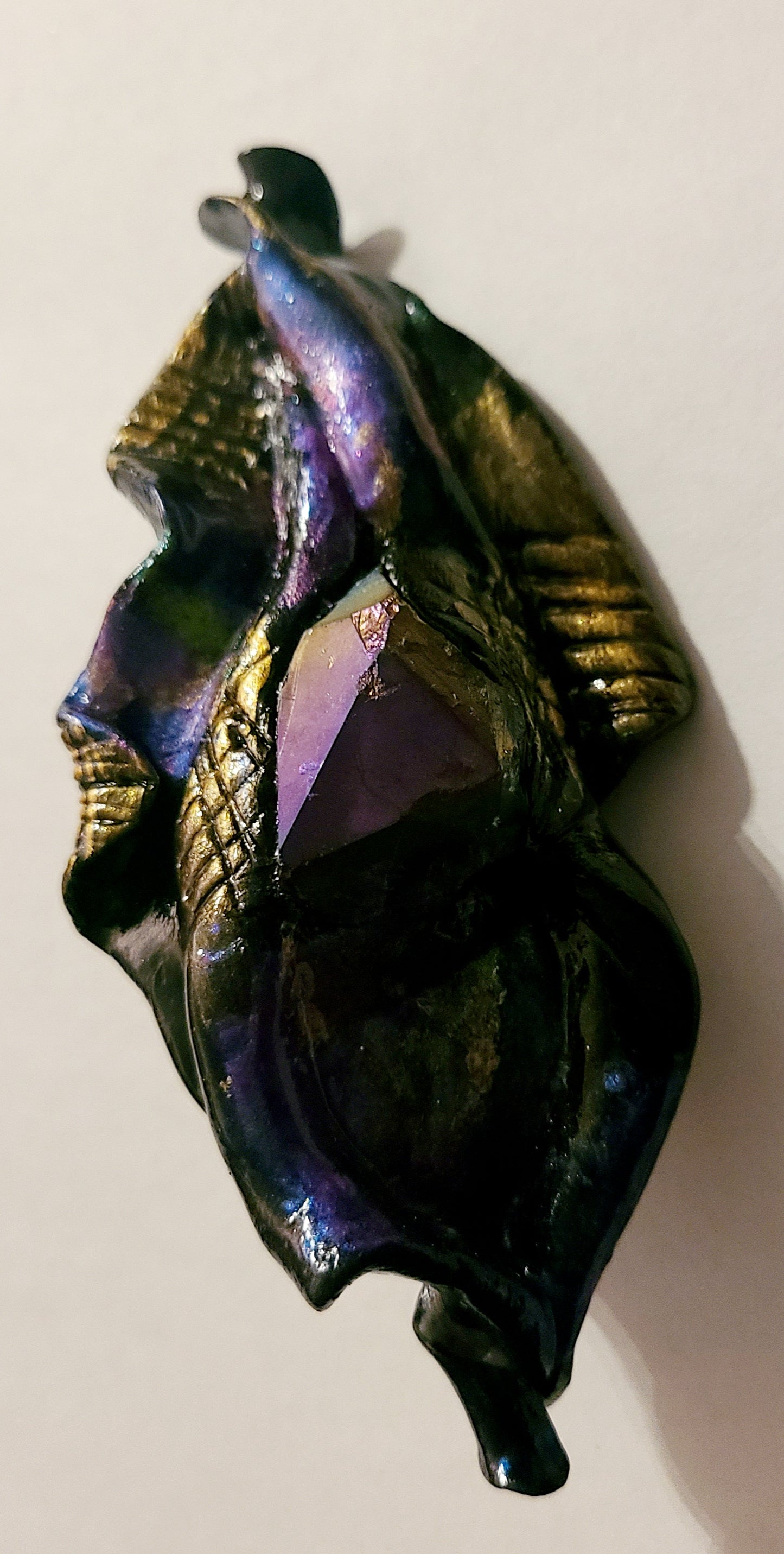 Hand Sculpted Jewel Tone Hand Ring With Titanium Quartz Crystal, De