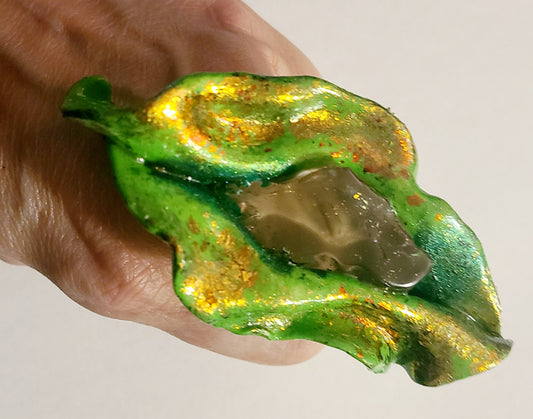 Sensuous Abstract Sculpted Hand Ring with Smoky Quartz, Green & Gol