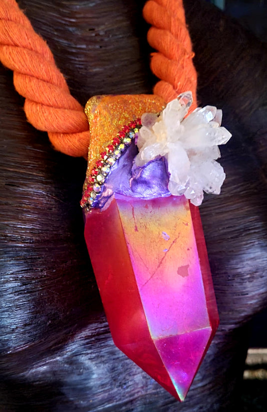 Red Aura Quartz Sculpted Rope Gemstone Pendant On Orange Rope Orange