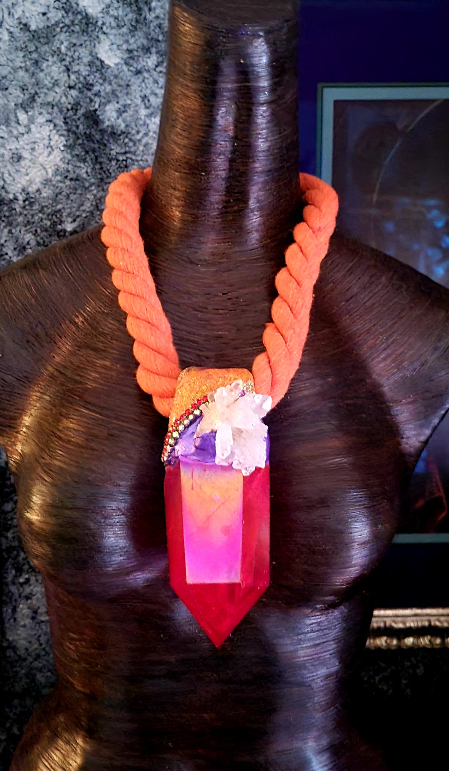 Red Aura Quartz Sculpted Rope Gemstone Pendant On Orange Rope Orange