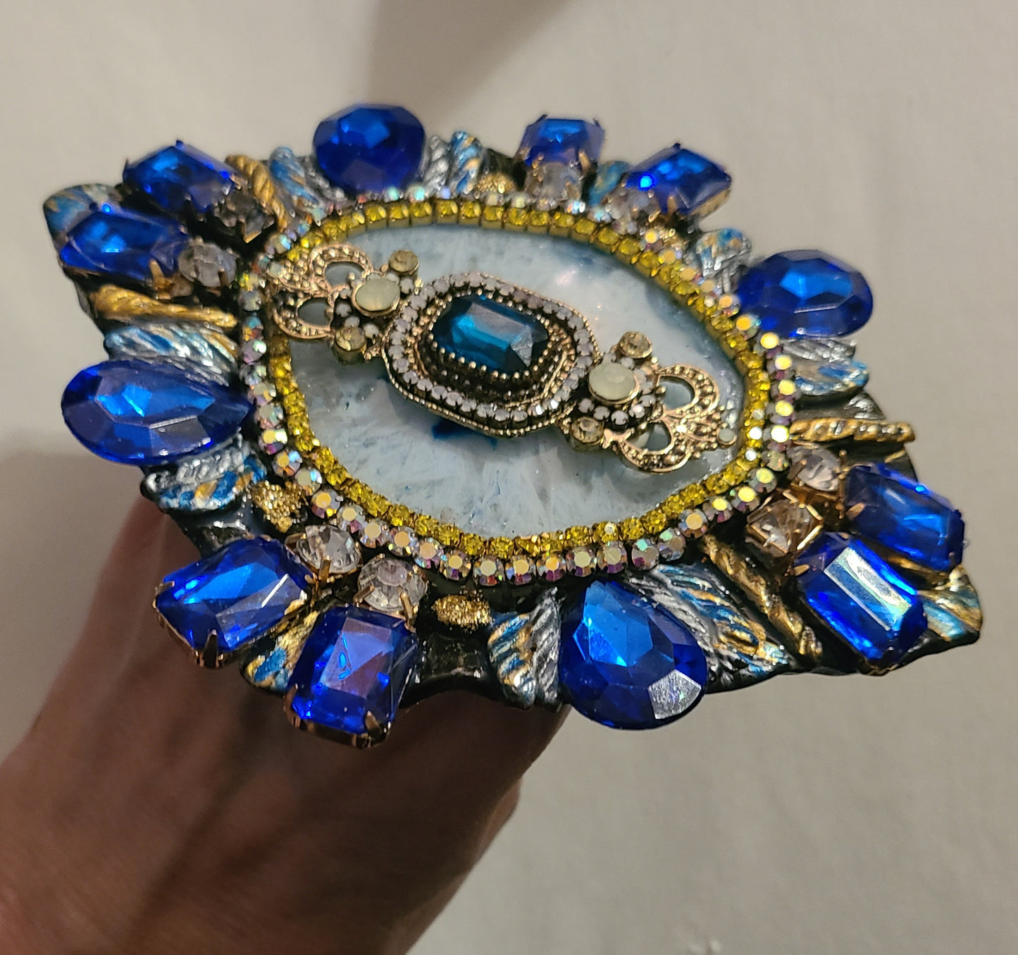 Oversized Crystal Art Deco Style Sculpted Adjustable Hand Ring