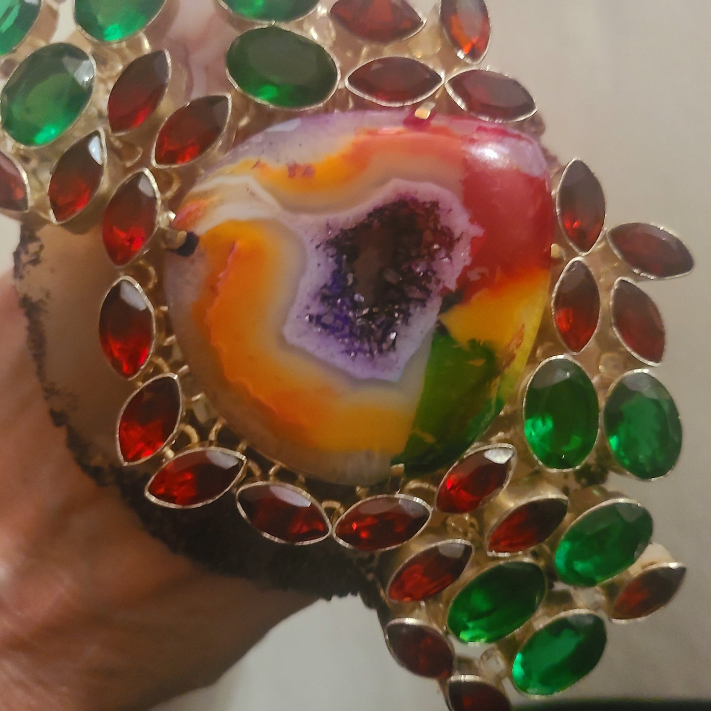 Druzy Agate & Red Green Jeweled Agate Hand Ring - Photoshoot