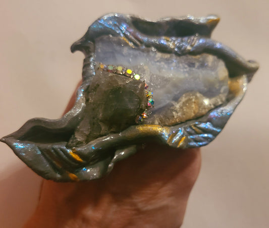 Sculpted Hand Ring With Chalcedony Agate Size 8 9, Gray Metallic Bl