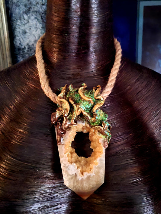 High End Heavily Crystallized Sculpted Agate Tower with Hemp Rope