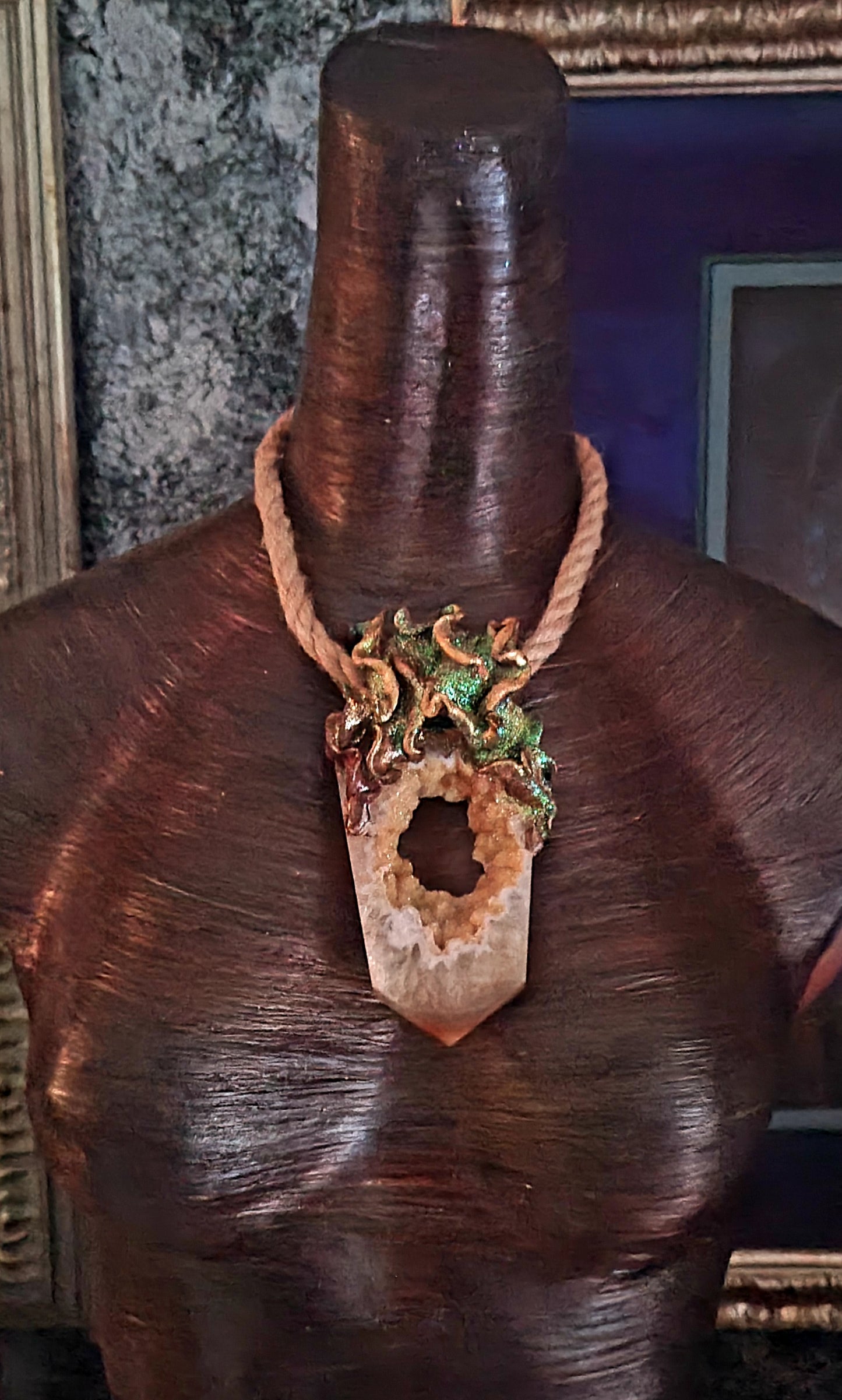 High End Heavily Crystallized Sculpted Agate Tower with Hemp Rope