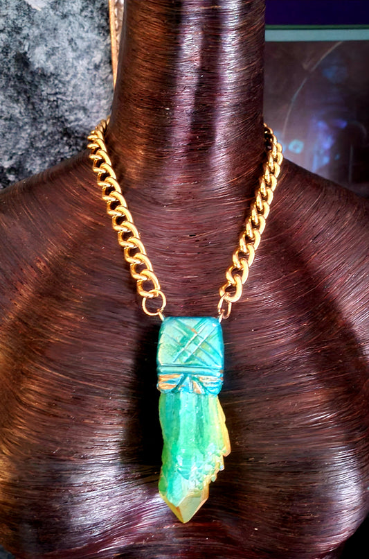 Blue Green & Yellow Flame Aura Quartz Sculpted Gemstone Pendant Roug