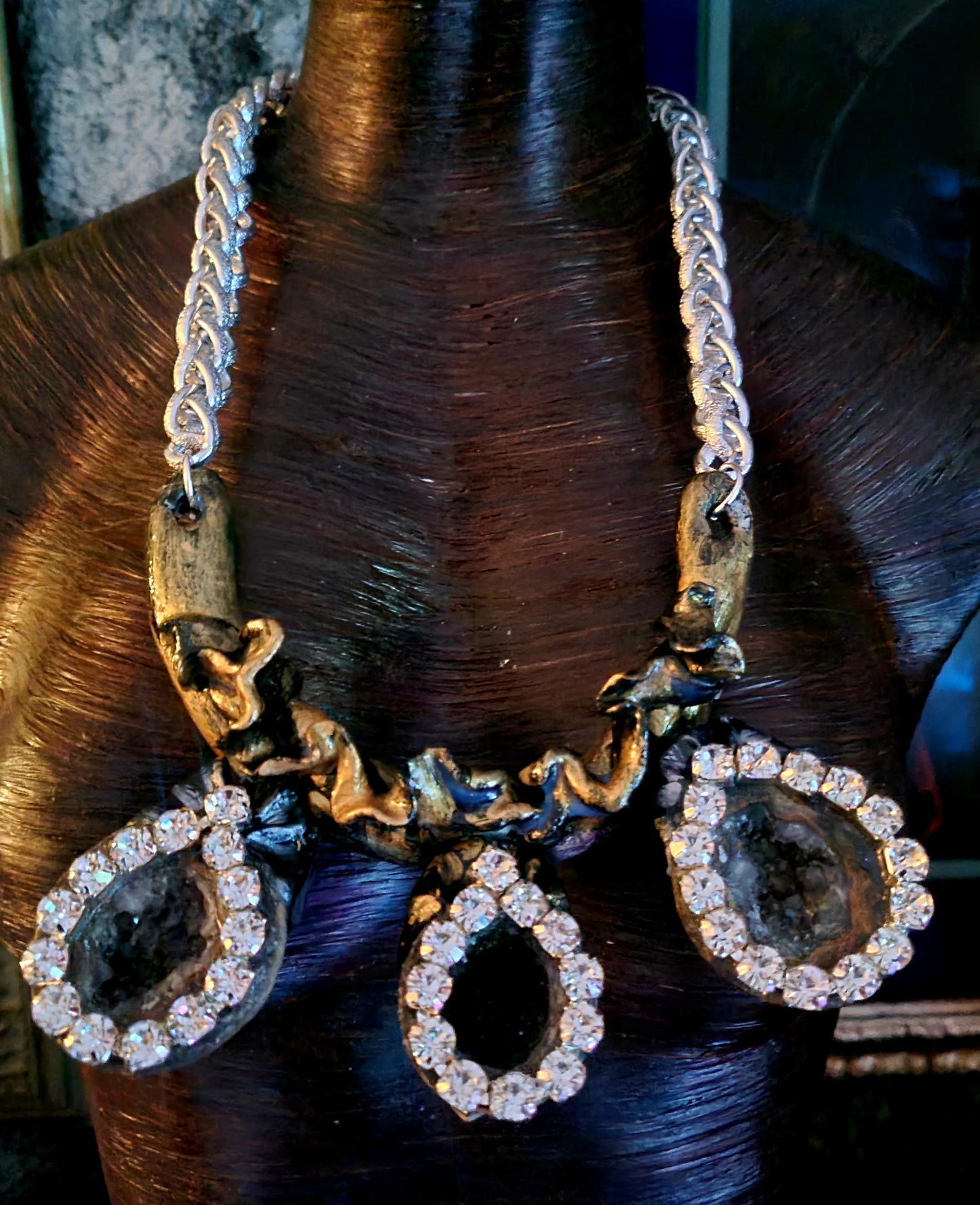 Sculpted Geode & Rhinestone Statement Chest Piece - Unisex Avant-Garde