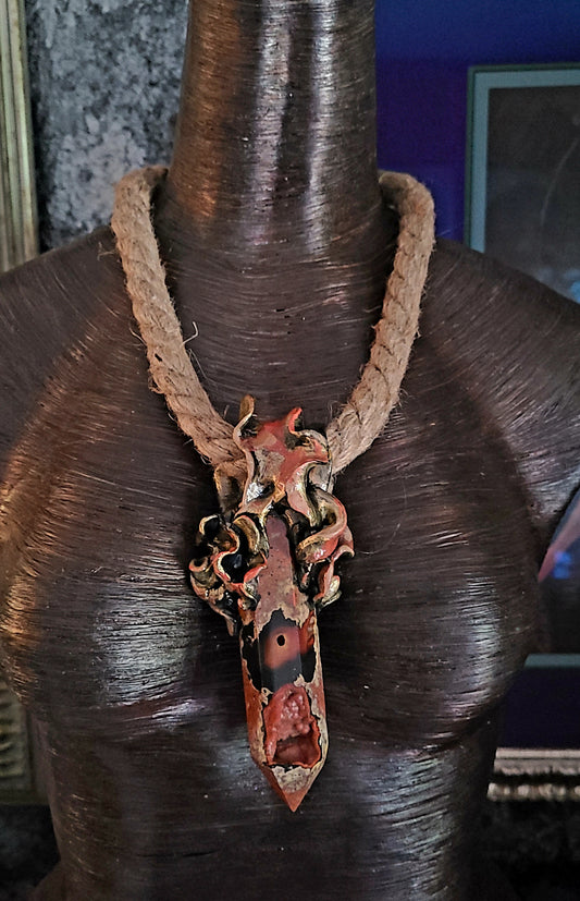 Rustic Druzy Agate Tower Pendant - Hemp Rope Talisman